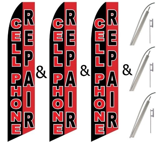3-Pack Swooper Flags & Pole Kits for Cell Phone Repair - Red, White & Black Vertical Banners | Perfect for Storefronts, Repair Shops & Retail Displays