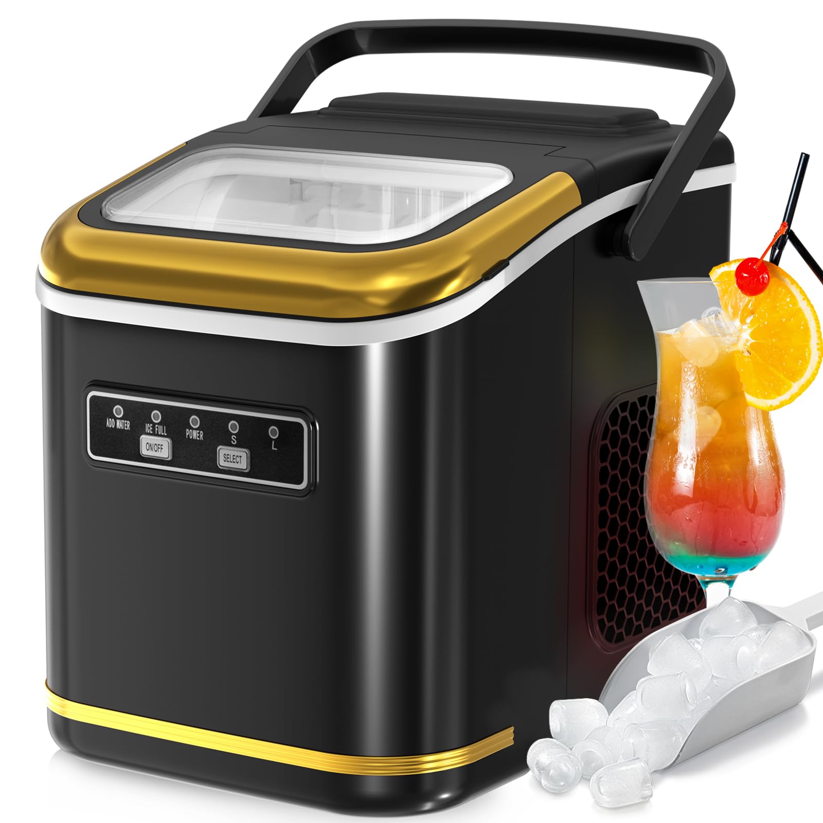 R.W.FLAME Portable Countertop Ice Maker Machine - 9 Bullet Ice Cubes in 6 Minutes, 26.5lbs/24Hrs, Self-Cleaning with Ice Basket & Scoop - Perfect for Home, Office, Kitchen, Bar, Party & Outdoor Use - Black