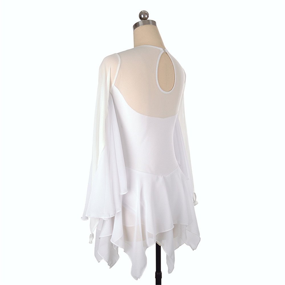 Elegant White Beaded Ice Skating Dress for Girls & Women - Long Sleeve Figure Skating Costume with Wing Design | Perfect for Competitions, Performances & Ice Shows