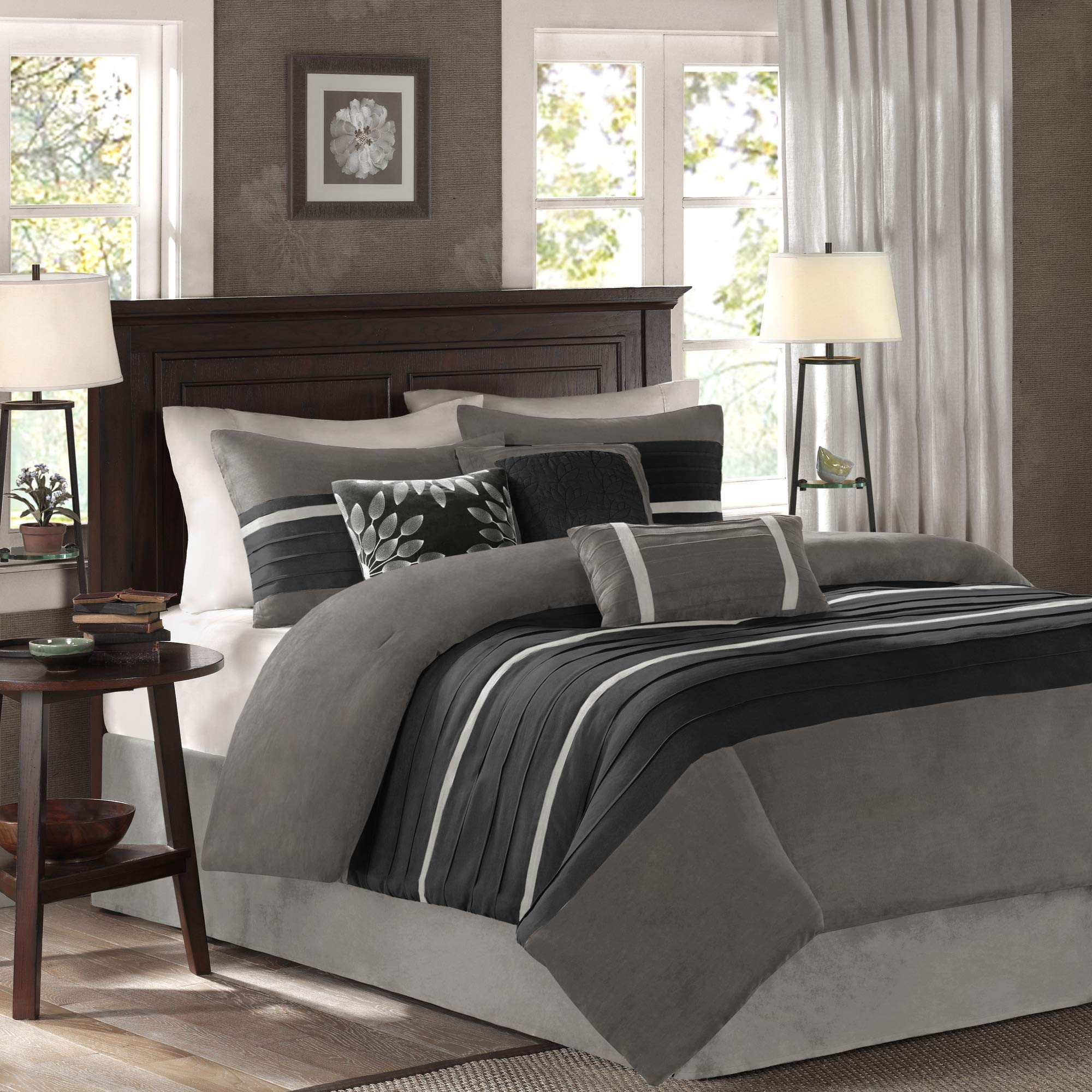 Madison Park Palmer 7-Piece Comforter Set - Black & Gray Microsuede California King Bedding - Includes Comforter, 3 Decorative Pillows, Bed Skirt & 2 Shams - Luxury Bedroom Decor for Master Suite or Guest Room