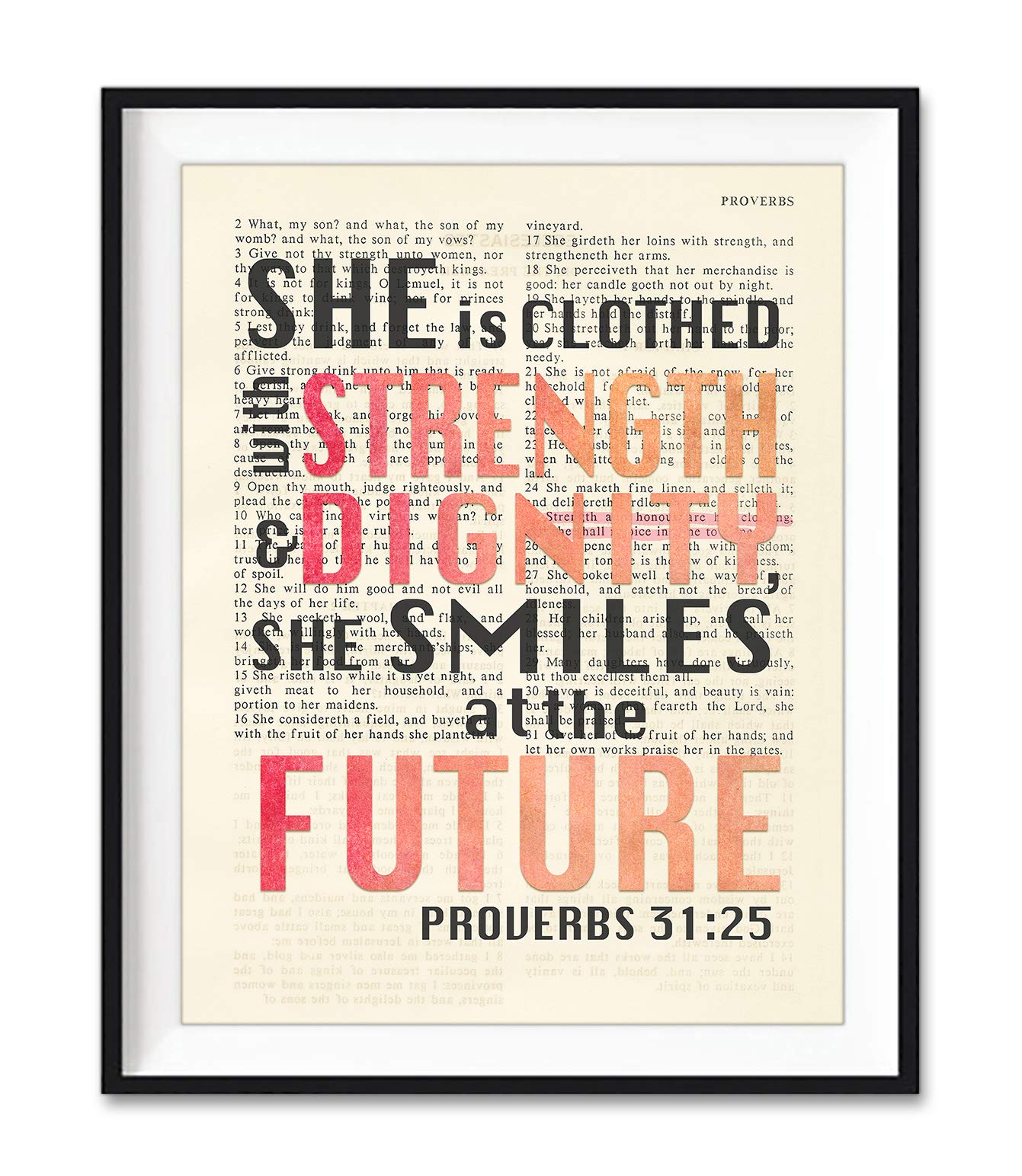 Vintage Bible Page Scripture Art Print - Proverbs 31:25 'She is Clothed with Strength & Dignity' - Christian Wall Decor, Unframed 8x10 Inches Poster - Perfect for Home, Office & Church Inspirational Decor