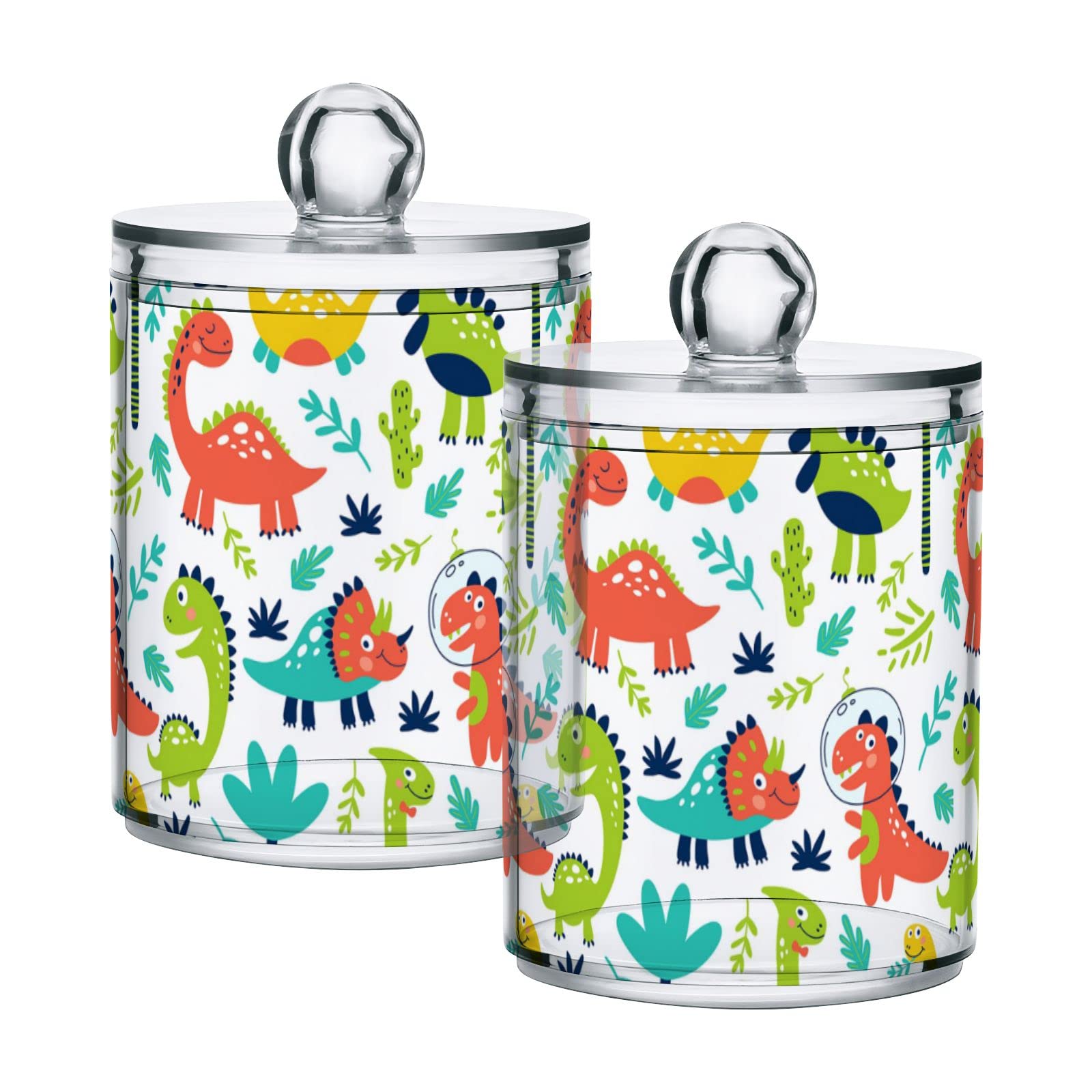 4-Pack Seamless Orange Green Dinosaur & Turquoise Palm Tree Plastic Storage Jars with Lids - 10oz Translucent Food Containers for Cotton Swabs, Tea, Cookies - Perfect for Kitchen Pantry Organization & Bathroom Storage