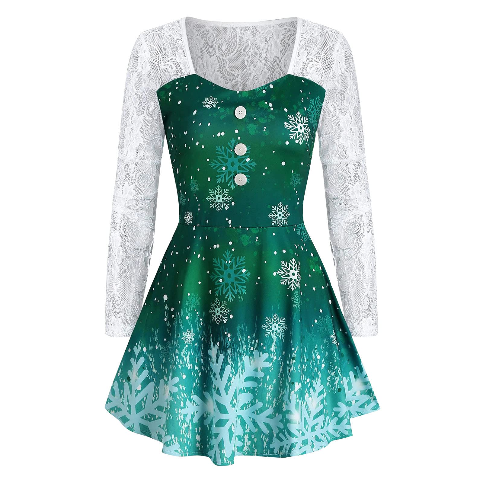 Women's Snowflake Printed Lace Sleeve Button Party Dress - A-Line Short Sun Dress for Holiday, Christmas & Cocktail Events