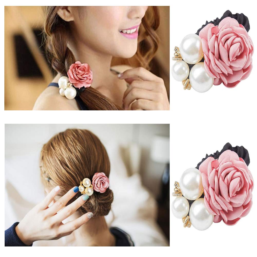 AKOAK Retro Pearl Rose Headband - High Elastic Hair Accessories for Women, Elegant Artificial Pearl Hair Circle, Velvet Ponytail Holder (Korean Pink) - Perfect for Weddings, Parties & Daily Fashion Styling