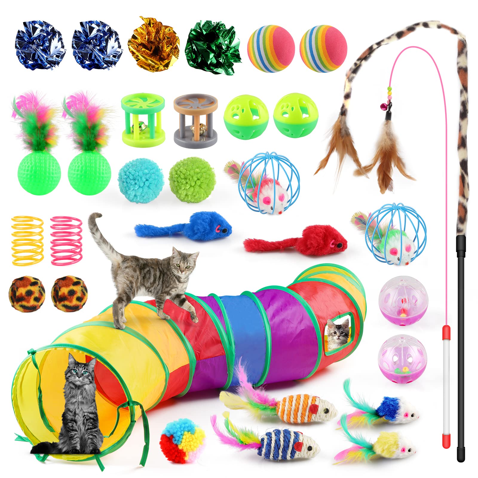 Oziral 32 PCS Cat Toys Set - Interactive Kitten Toys with Rainbow Tunnel, Feather Teaser Wand, Sisal Mice, Bell & Crinkle Balls - Perfect for Indoor Cats & Kittens Playtime