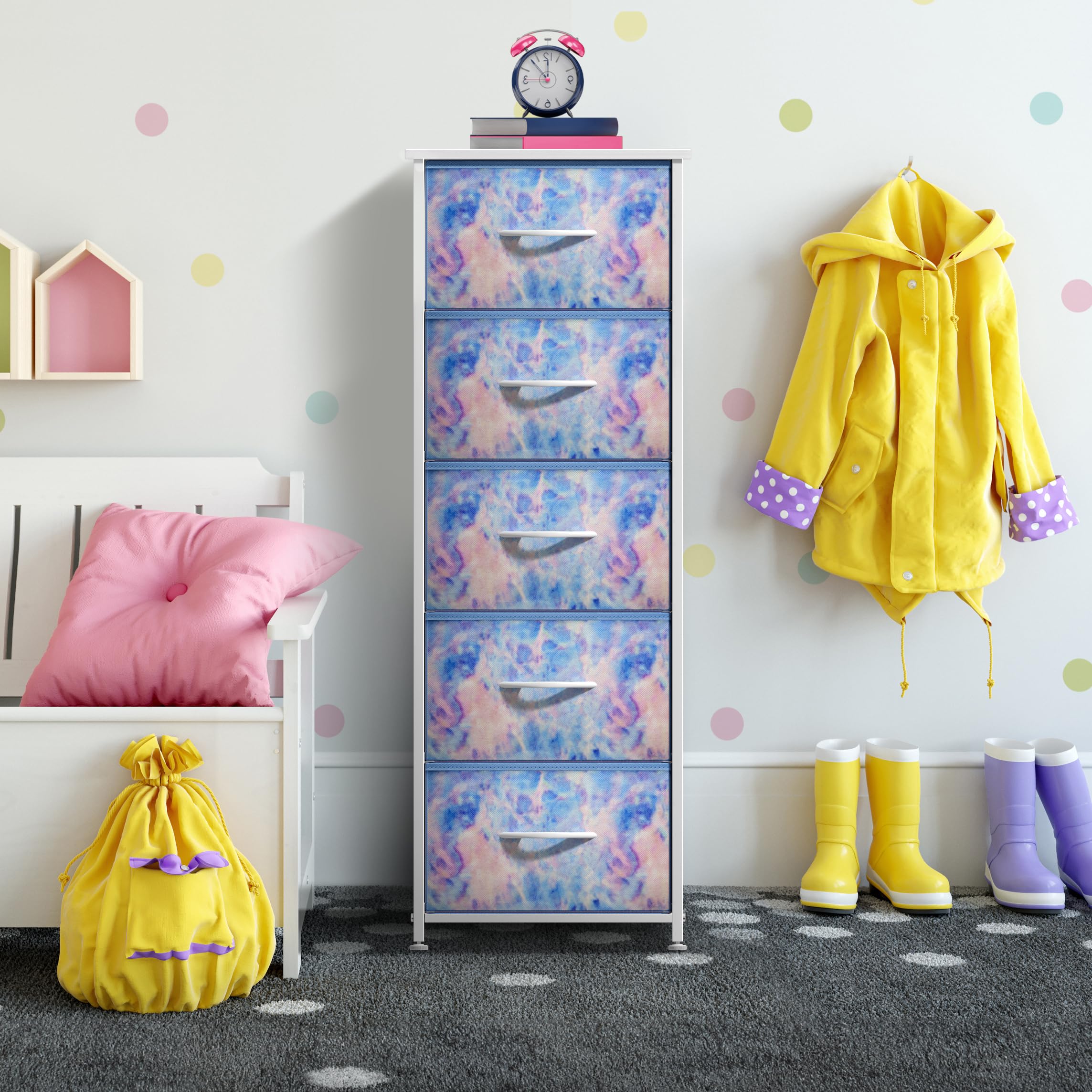 Sorbus 5-Drawer Fabric Dresser for Kids - Tall Storage Tower with Wood Handles & Steel Frame, Tie-Dye Blue - Perfect for Nursery, Playroom & Closet Organization | Kids Clothing Organizer & Toy Storage Solution