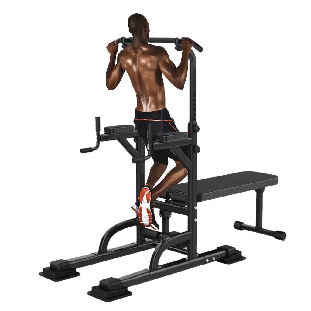 Adjustable Power Tower Dip Station with Bench - All-in-One Pull-Up Bar for Home Gym, Multifunctional Workout Stand for Body Fitness Training, Max Load 440lbs, Heavy Duty Black Iron Frame - Perfect for Strength Training, Calisthenics & Home Workouts