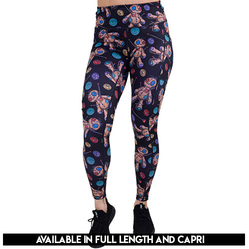 Voodoo Doll Print Leggings for Women - Stylish Black Yoga Pants for Workout, Halloween Costume & Gothic Fashion