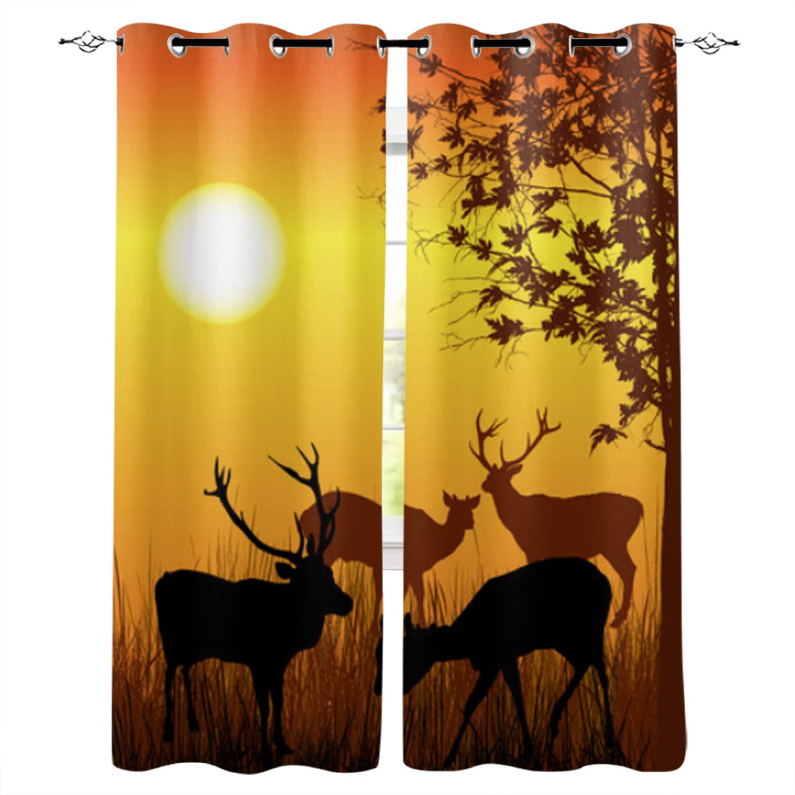 Elk Sunset Forest Blackout Curtains - 3D Printed Autumn Leaves Landscape Window Drapes, 2 Panels Darkening Curtains with Top Grommet for Bedroom & Living Room, 72x84 Inches - Perfect for Home Decor, Privacy & Light Blocking in Nursery, Office or Theater Room
