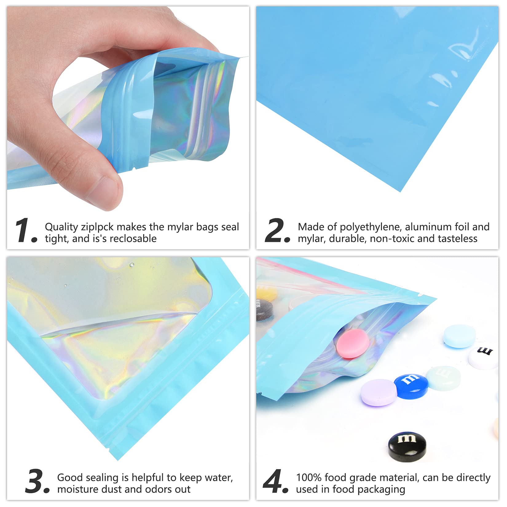Funfery 100 Pack Blue Mylar Holographic Bags - 6.3x9.4 Inch Resealable Smell Proof Food Storage Bags | Airtight Zipper Pouch for Snacks, Coffee, Tea, Herbs & Small Business Packaging | Great for Home, Office & Travel Use