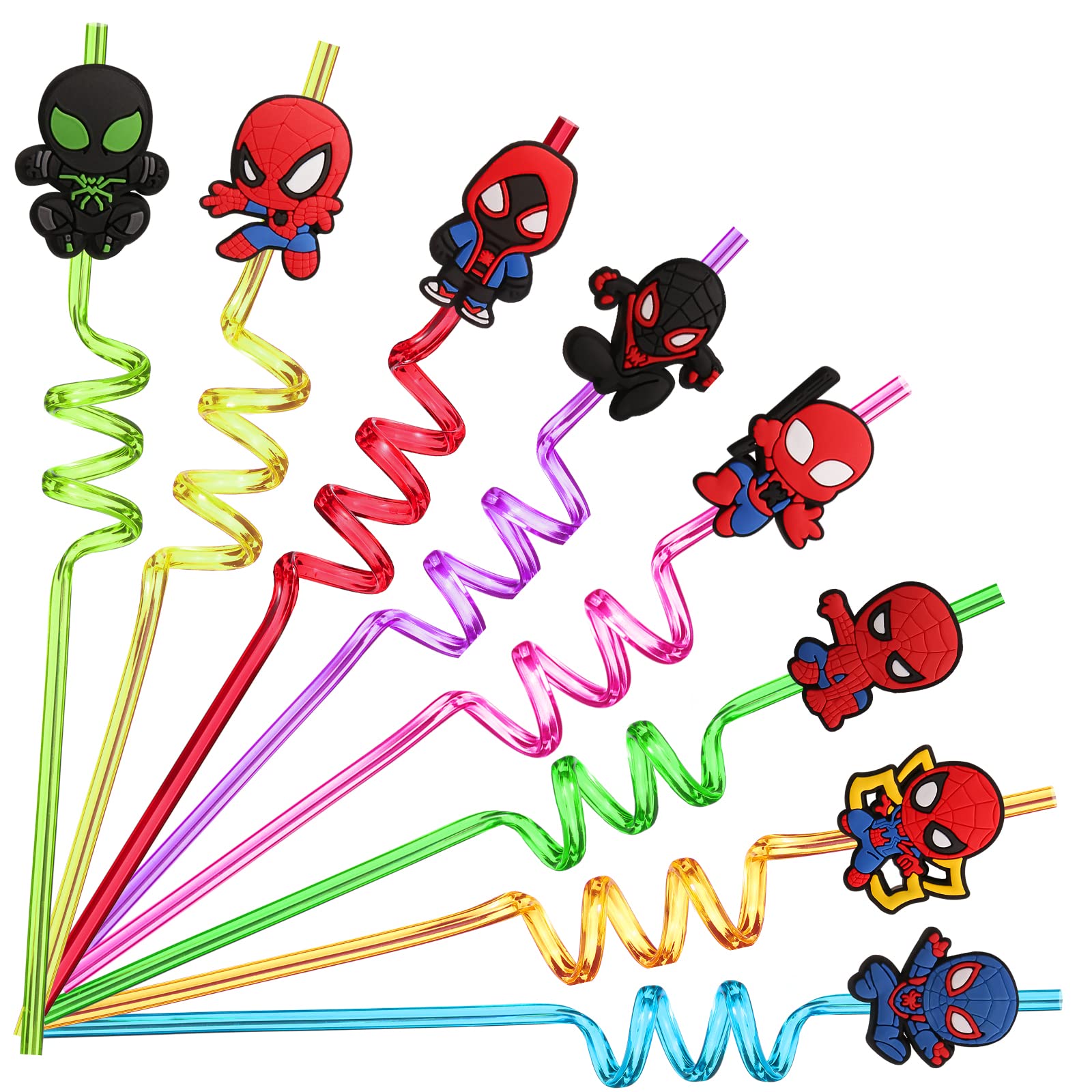 24 Pack Reusable Spider-Man Drinking Straws - 8 Fun Designs with 2 Cleaning Brushes | Perfect for Spider-Man Birthday Parties, Superhero Themed Events & Kids' Summer Pool Parties