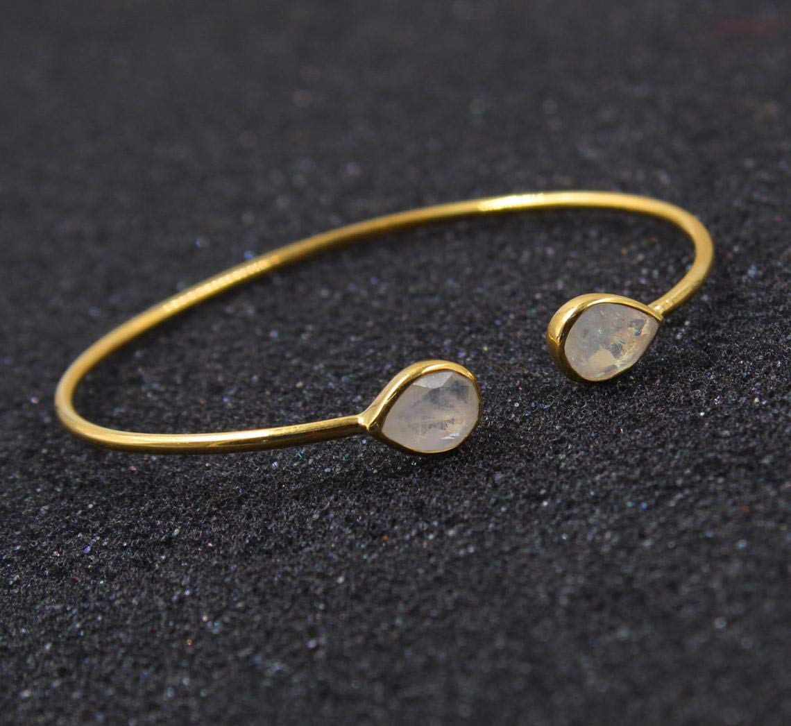 Rainbow Moonstone Adjustable Gold Plated 925 Silver Cuff Bracelet Bangle - Handmade Jewelry for Women, Boho Chic Accessories for Everyday Wear & Special Occasions