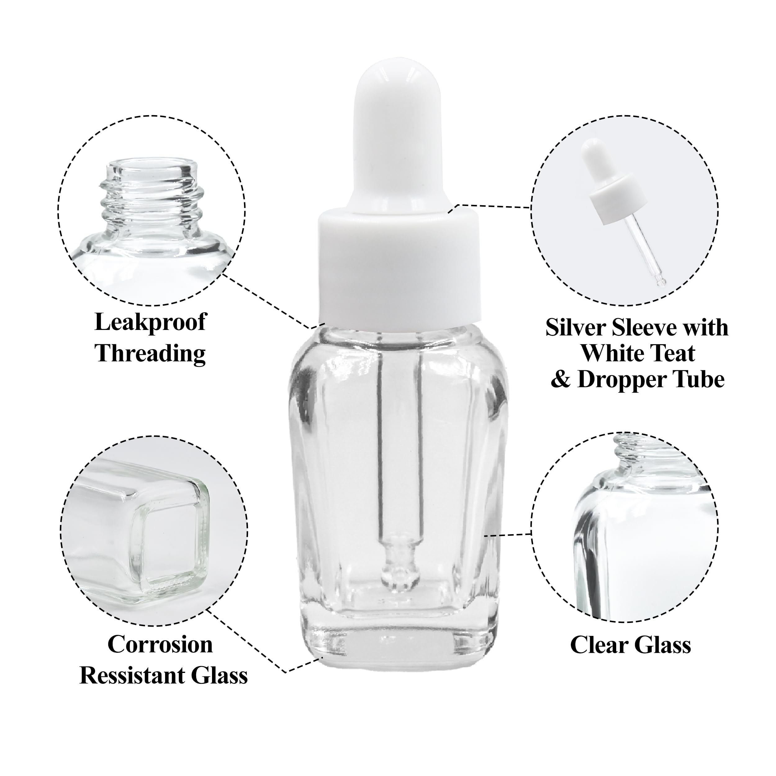20ML Clear Square Empty Glass Bottle with Dropper & White Silicone Teat - Refillable, Leak Proof Essential Oil Container for DIY Perfumes, Serums & Aromatherapy - Perfect for Home Spa, Travel & Gift Packaging (Pack of 3)