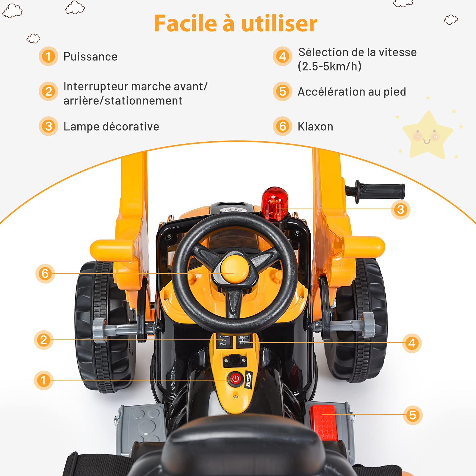 **COSTWAY 12V Kids Electric Tractor Toy with Adjustable Speed, Flexible Shovel & Comfortable Seat – Yellow Ride-On Tractor for Ages 3-8, 30kg Load Capacity – Perfect for Outdoor Play, Sandbox Fun & Backyard Adventures**