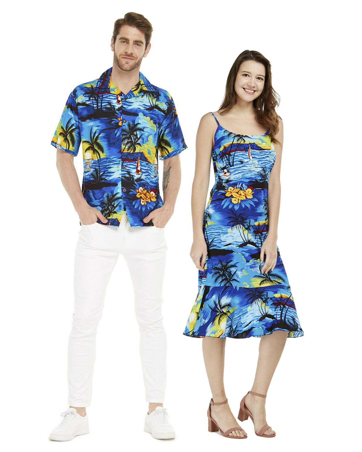 Matching Hawaiian Luau Shirts & Mermaid Dress Set - Sunset Blue Tropical Couple Outfits for Beach Vacation, Party, and Date Night