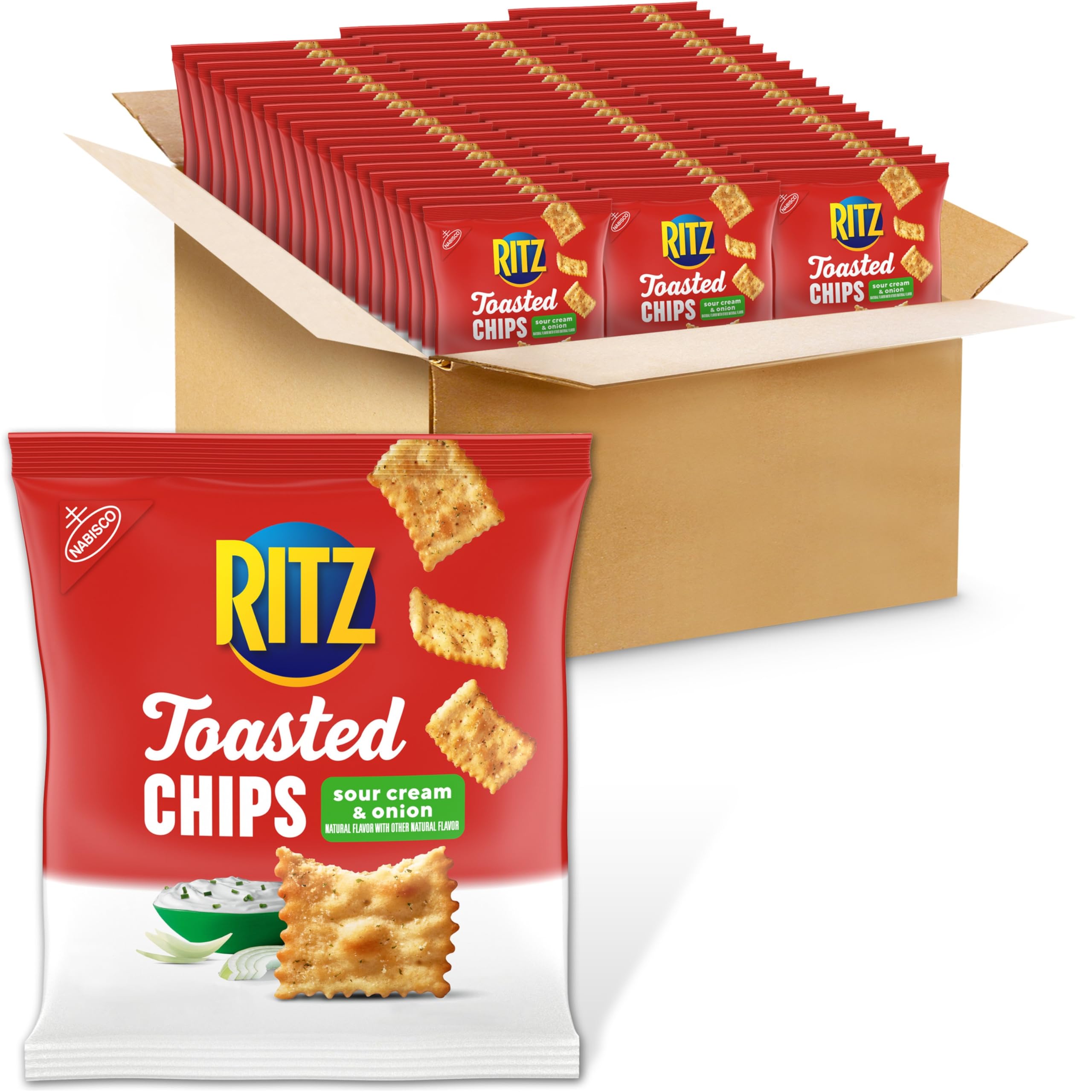 RITZ Toasted Chips Sour Cream and Onion Crackers - 60 Individually Wrapped Snack Packs | Bulk Lunch Snacks for School, Office & On-the-Go | Perfect for Parties, Travel & Healthy Snacking