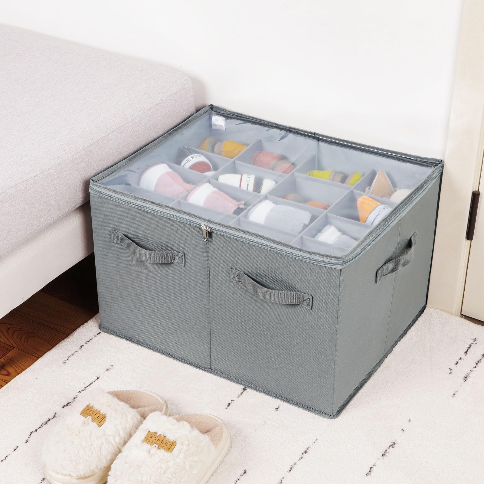 Foldable Shoe Organizer for Closet - Adjustable Dividers & Clear Cover Storage Box | Space Saving Shoe Cabinet with Reinforced Handles (Fits 16 Pairs, Gray) | Perfect for Bedroom, Entryway & Dorm Organization (Model TP09G)