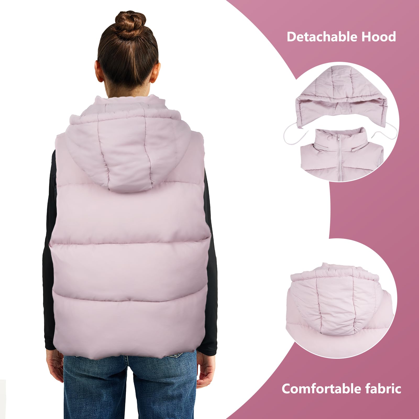 Women's Lightweight Puffer Vest with Zippered Pockets & Detachable Hood - Winter Warm Fleece Lined Jacket for Outdoor Hiking, Camping & Casual Wear