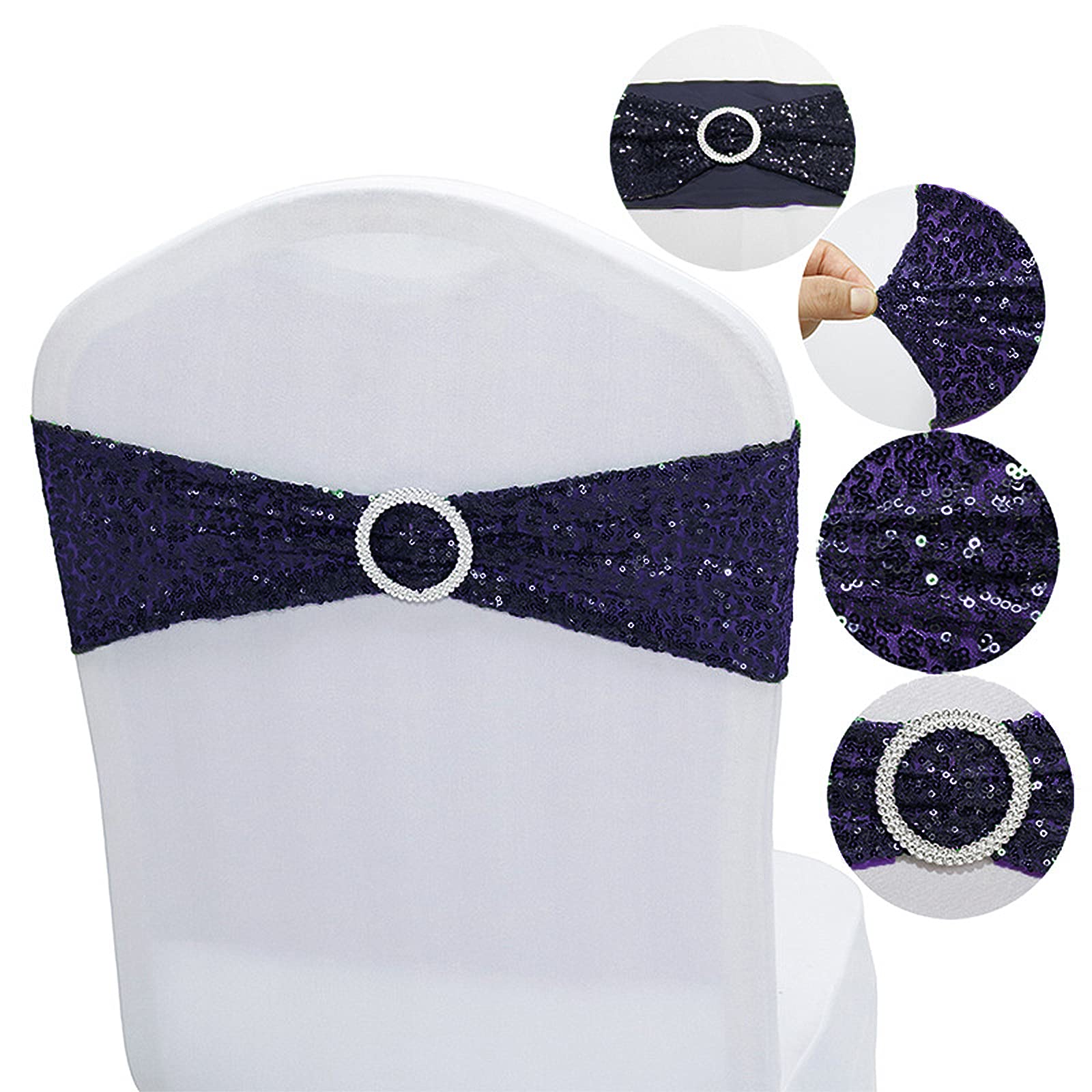 50 PCS Stretch Sequin Chair Sashes - Elastic Spandex Bands for Wedding, Reception, Banquet, Party Chair Decorations (Navy Blue) | Perfect for Bridal Showers, Anniversary Celebrations & Event Decor