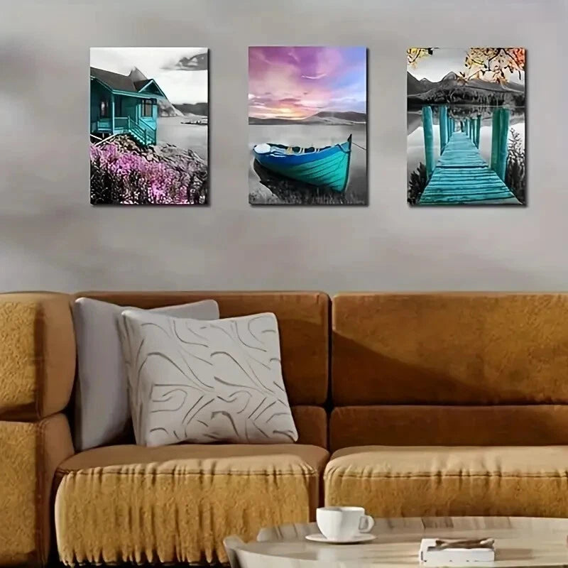 3-Piece Purple Sailboat Cabin Scenery Metal Wall Art Prints - Ready to Hang Home Decor for Living Room, Bedroom & Office