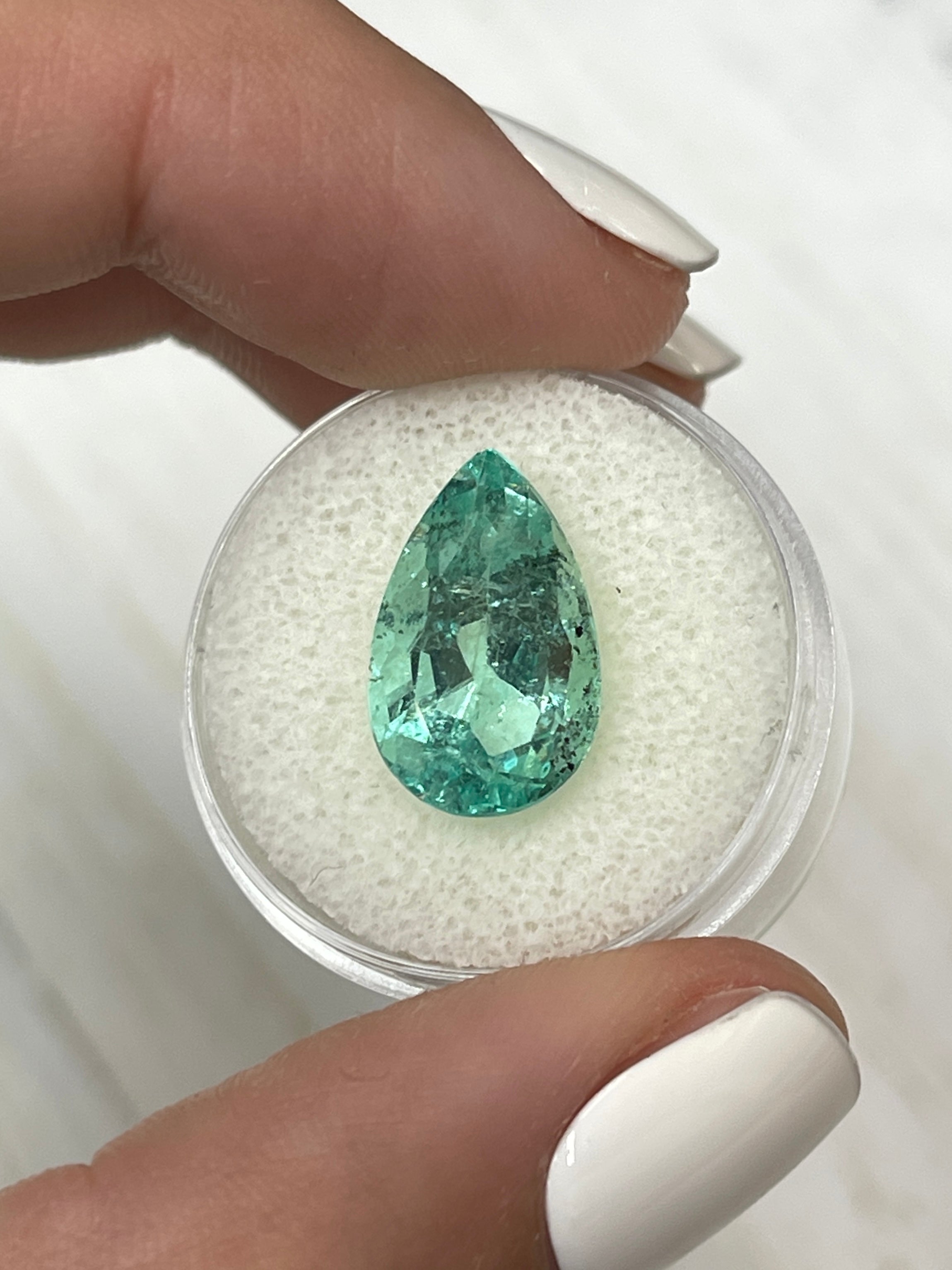 6.41 Carat 16x10mm Light Green Freckled Natural Loose Colombian Emerald Pear Cut Gemstone for Jewelry Making & Engagement Rings