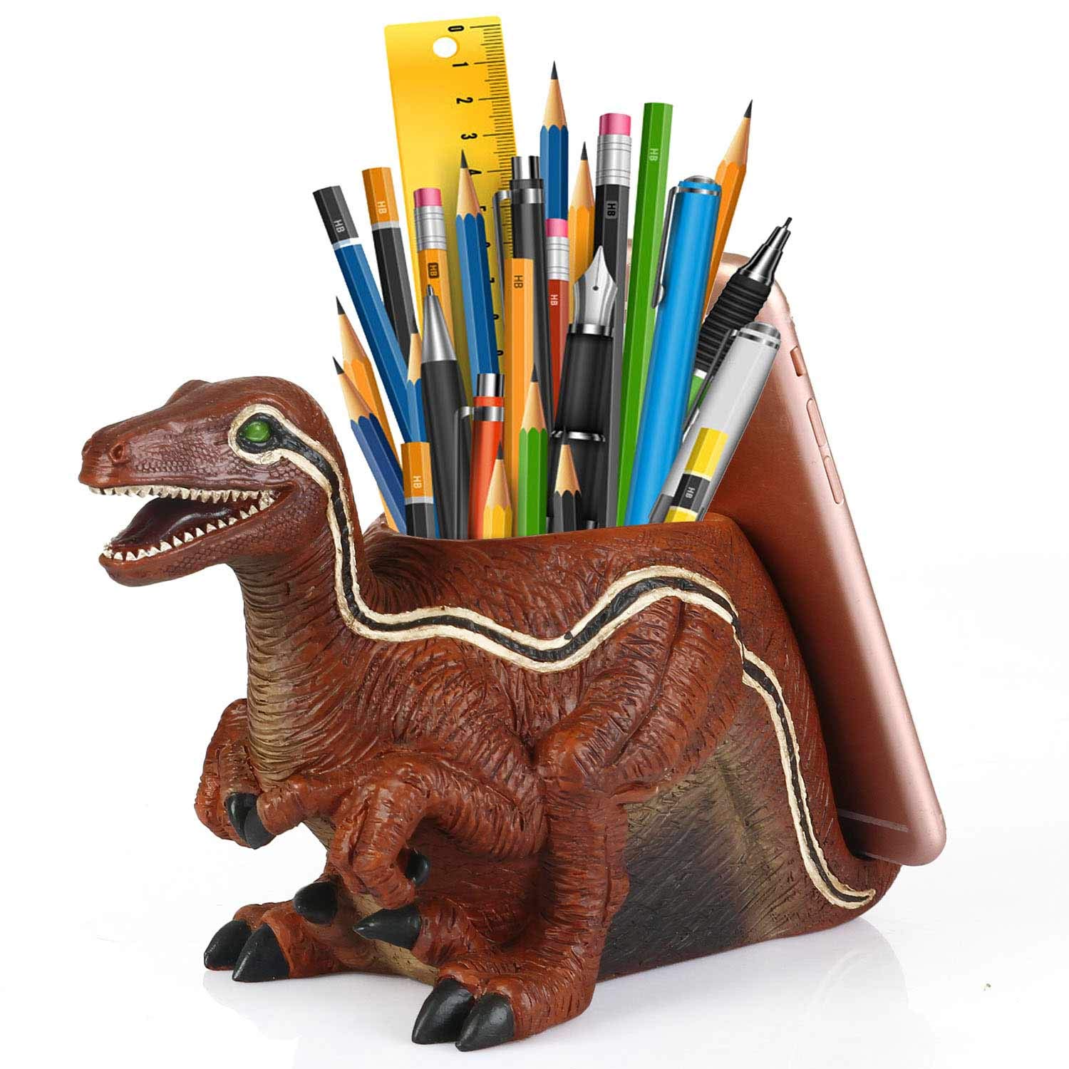 Dinosaur Pencil Holder with Phone Stand - Velociraptor Themed Desk Organizer for Pens, Pencils & Mobile Phone | Perfect for Office, School & Home Workspace Organization