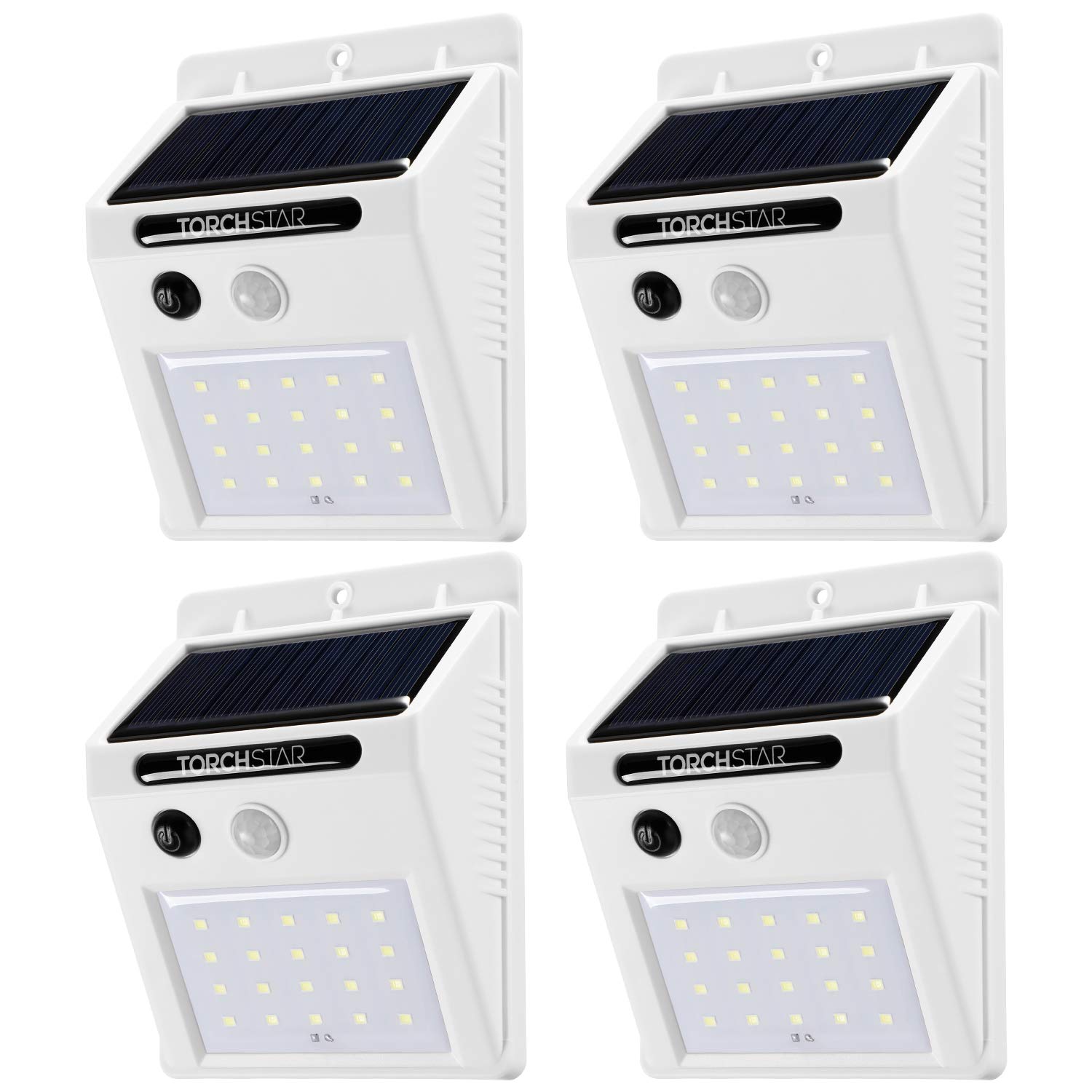 TORCHSTAR Solar Outdoor Lights with Motion Sensor - IP65 Waterproof LED Wall Lights for Driveway, Patio, Garage, Porch - 6500K Pure White, Pack of 4 - Perfect for Home Security & Nighttime Illumination