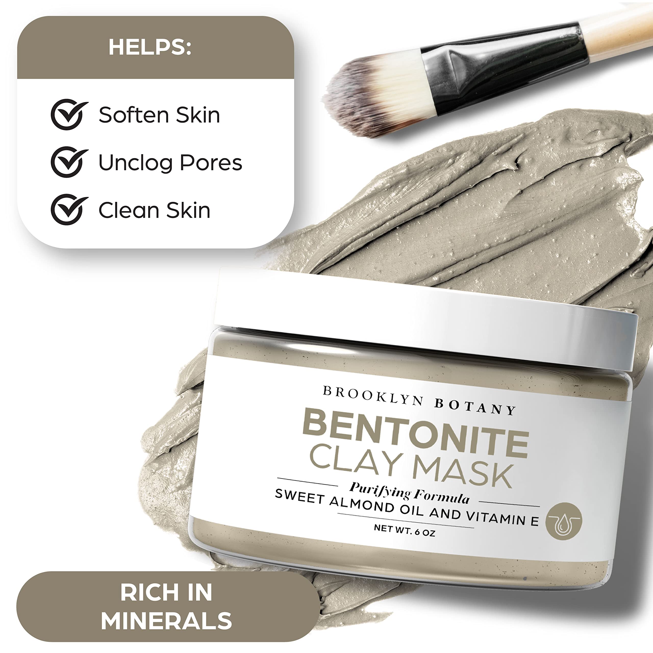 Brooklyn Botany Bentonite Clay Mask 6 oz – Deep Pore Cleansing Facial Mask with Bentonite & Kaolin Clay – Purifying Hydrating Acne Treatment for Normal & Oily Skin – Perfect for Detoxifying, Blackhead Removal & Glowing Skin Care Routine