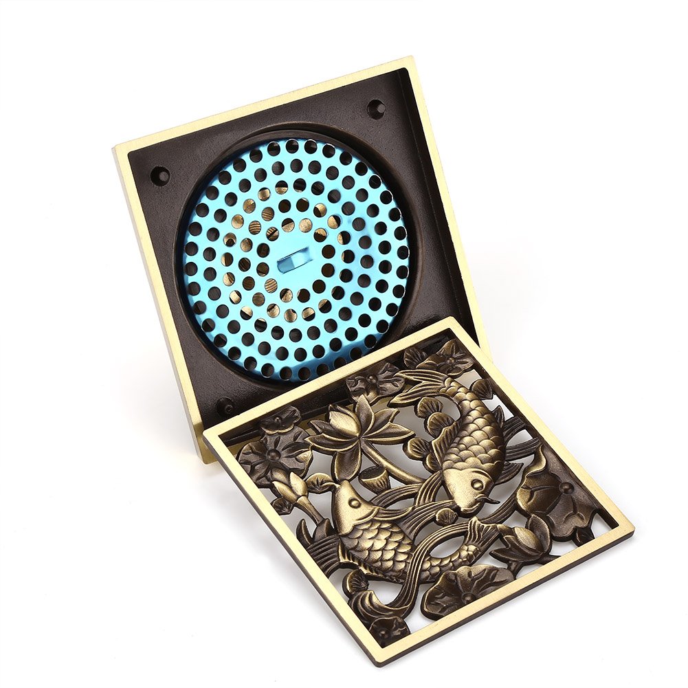 Antique Brass Square Shower Drain with Strainer - European Style Bathroom Floor Drain for Showers & Washrooms - Heavy Duty Drainage Clean Accessories for Easy Maintenance & Hygiene