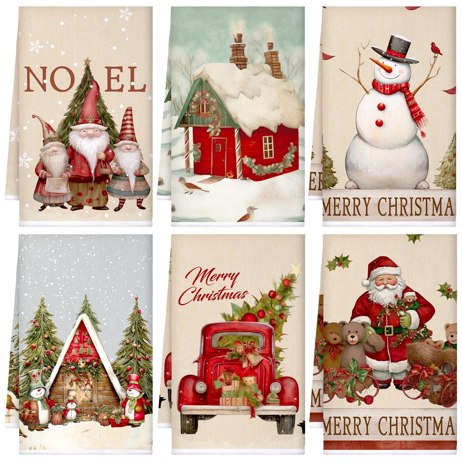 6-Pack Vintage Christmas Kitchen Towels - Absorbent Snowman & Santa Claus Holiday Dish Towels for Kitchen, Bathroom - Perfect for Holiday Decor & Festive Gifts (Xmas, Winter Season)