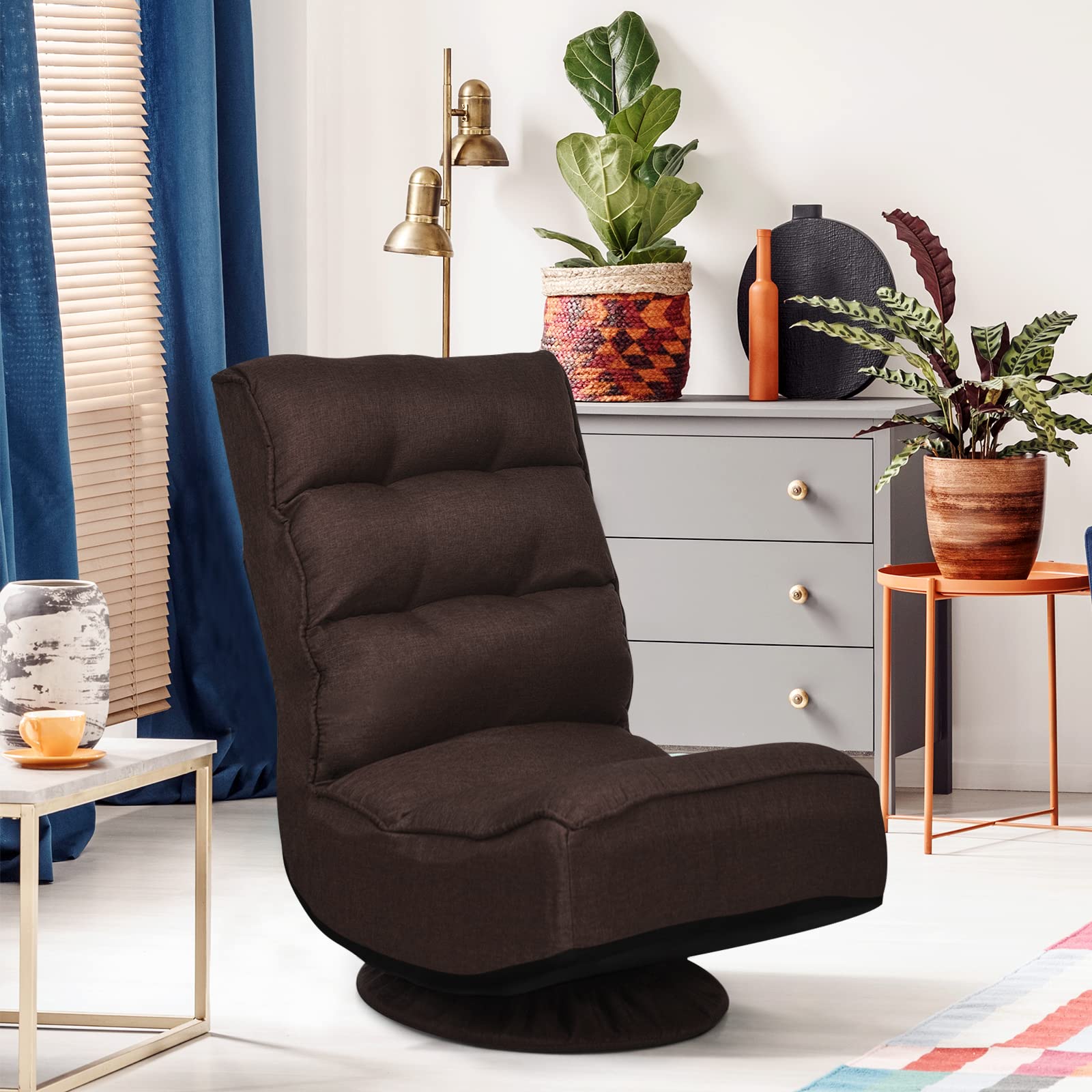 COSTWAY Adjustable 5-Position Folding Floor Chair with 360° Swivel - Ergonomic Gaming & Lounge Chair with Removable Cover & Padded Backrest - Perfect for Living Room, TV Watching, Reading & Video Games (Brown)