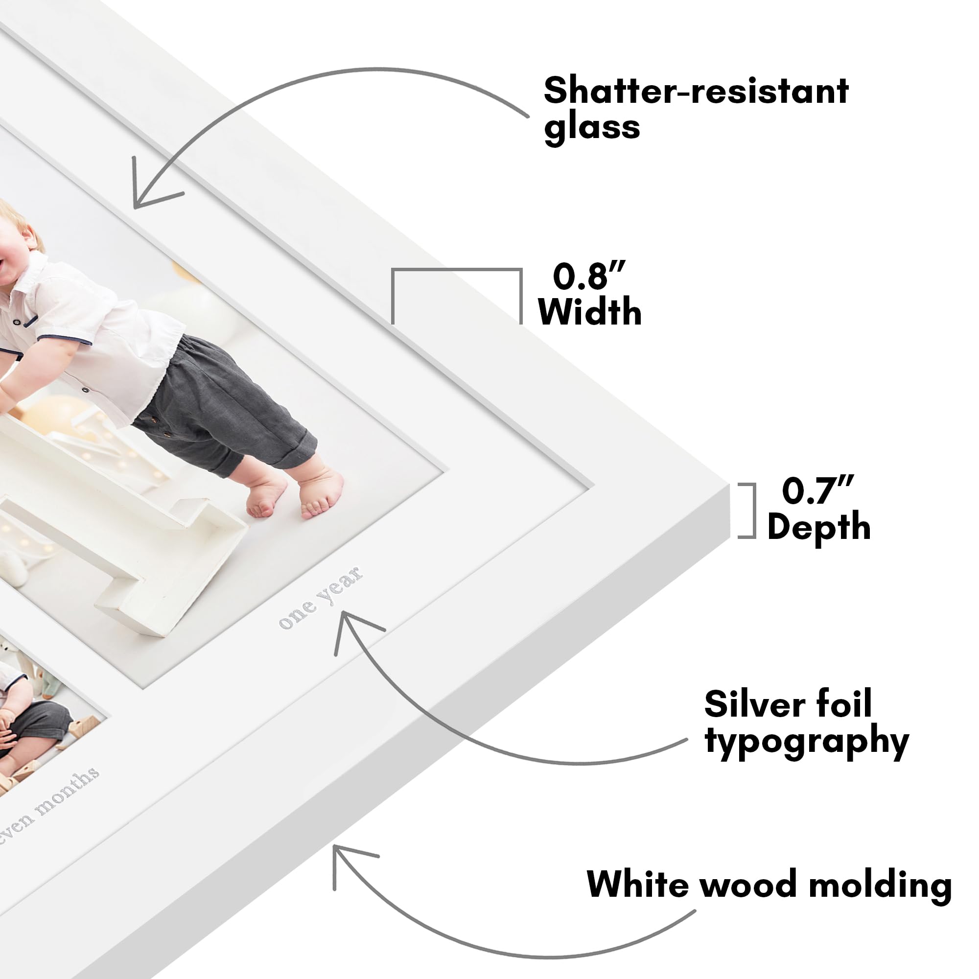 Americanflat 9x22 First Year Baby Photo Frame - Shatterproof Glass Holds Twelve 2x3 & One 5x7 Pictures - Nursery Wall Decor, Newborn Gift Idea, Baby Shower Present - Perfect for Documenting Baby's Milestones in White