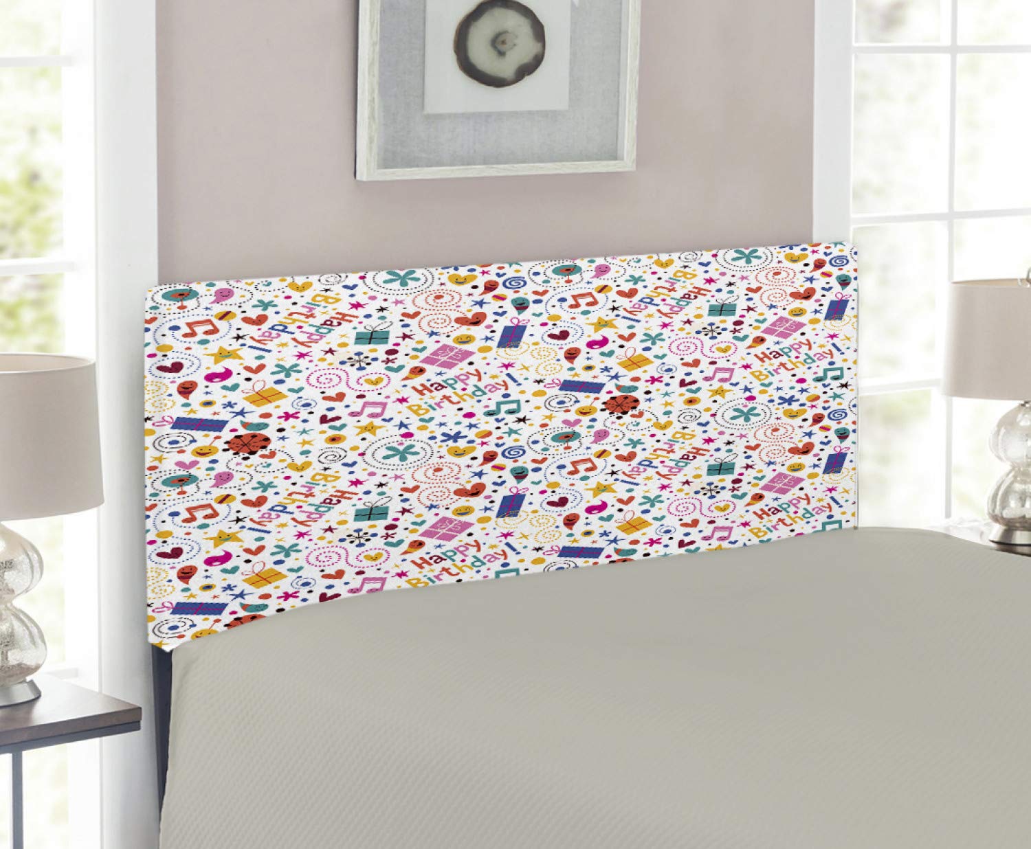 Ambesonne Twin Size Upholstered Metal Bed Headboard with Memory Foam - Birthday Themed Dotted Spirals, Stars, Hearts & Musical Notes Pattern - Perfect for Kids' Bedrooms, Birthday Gifts & Home Decor