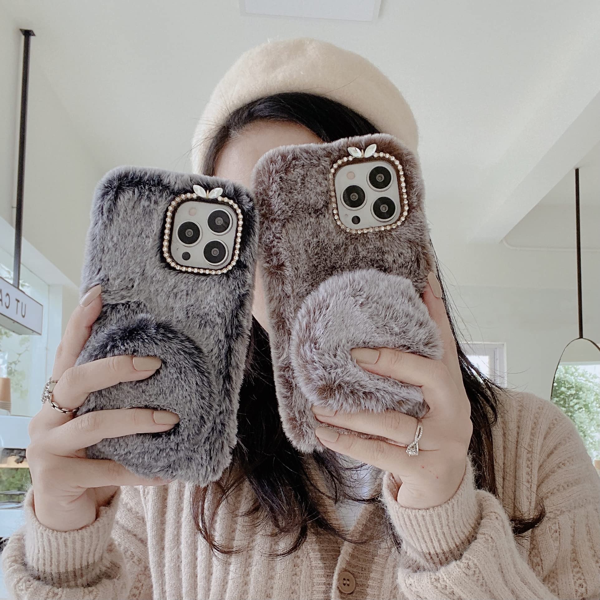 **Omio iPhone 12 Pro Max Case - Plush Fluffy Furry Cover with Detachable Makeup Mirror, Glitter Rhinestone Design, Winter Warm Cute Phone Case for Women & Girls - Perfect for Daily Use, Travel, and Gift Giving**