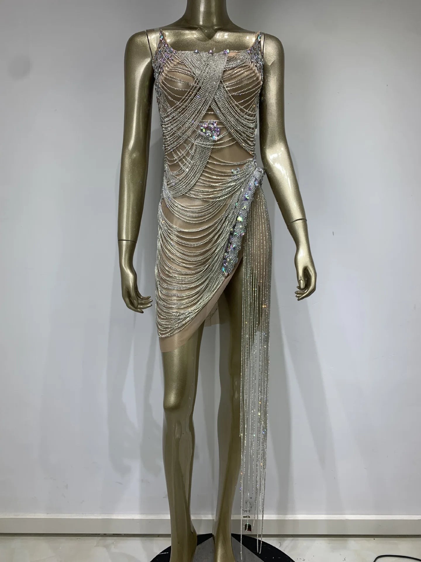 2025 Sexy Women's Beige Mini Dress with Crystal Diamonds - Strapless & Strap Options for Birthday Party, Bar, Nightclub, Stage Performance & Special Occasions