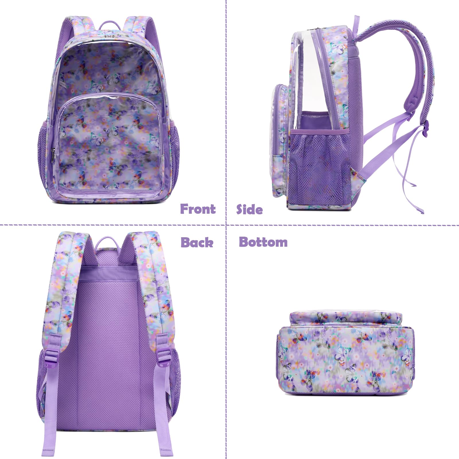 Kimwadalh Clear Backpack for Girls - Purple Butterfly TPU Transparent School Backpack, Heavy Duty See-Through Bookbag for College, Work, Security & Travel | Perfect for School, Concerts, Stadium Events & Airport Security