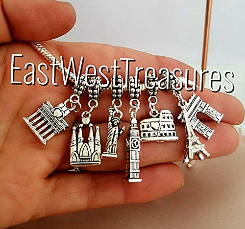 Landmark Travel Charm Bracelet & Necklace Set - Berlin, Barcelona, Paris, New York, Big Ben, Rome Souvenir Jewelry | Perfect for Travel Lovers & Gift Giving