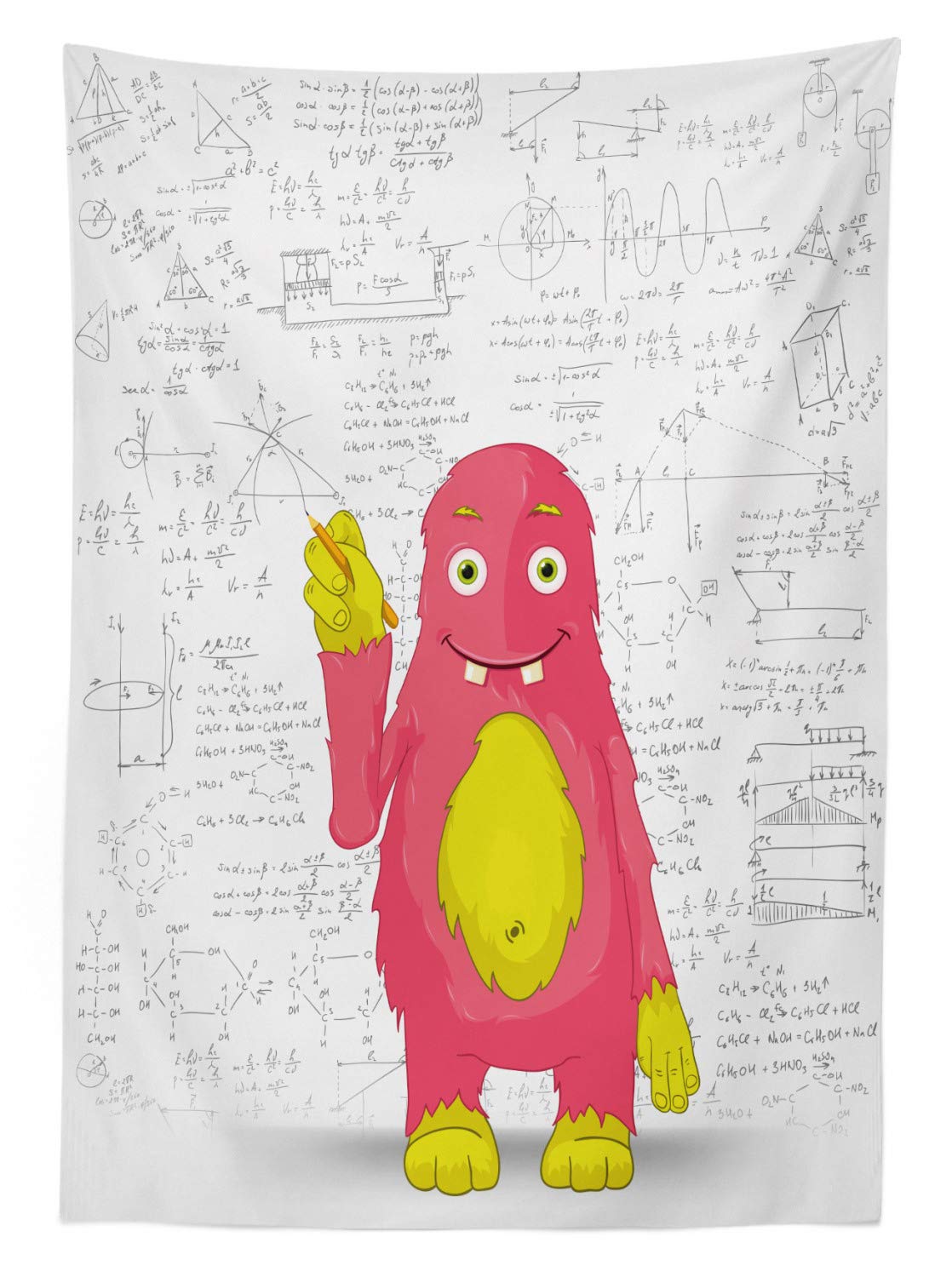 Ambesonne Science Themed Outdoor Tablecloth - Funny Smart Monster Math Illustration, Washable Picnic Table Cover 58x84 Inches in Yellow White & Pink | Perfect for Backyard BBQs, Science Parties & Nerdy Gatherings