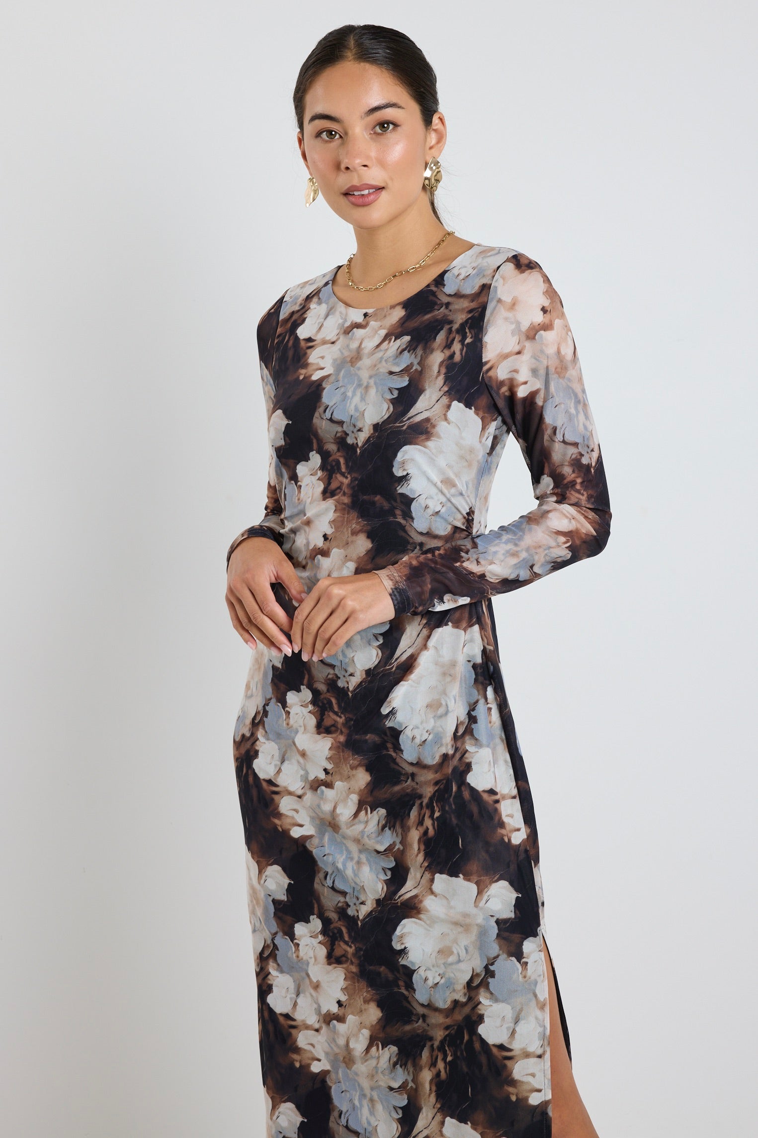 Elegant Sepia Floral Long Sleeve Maxi Dress for Women - Boho Chic Mesh Beach Dress for Summer Vacation & Outdoor Events