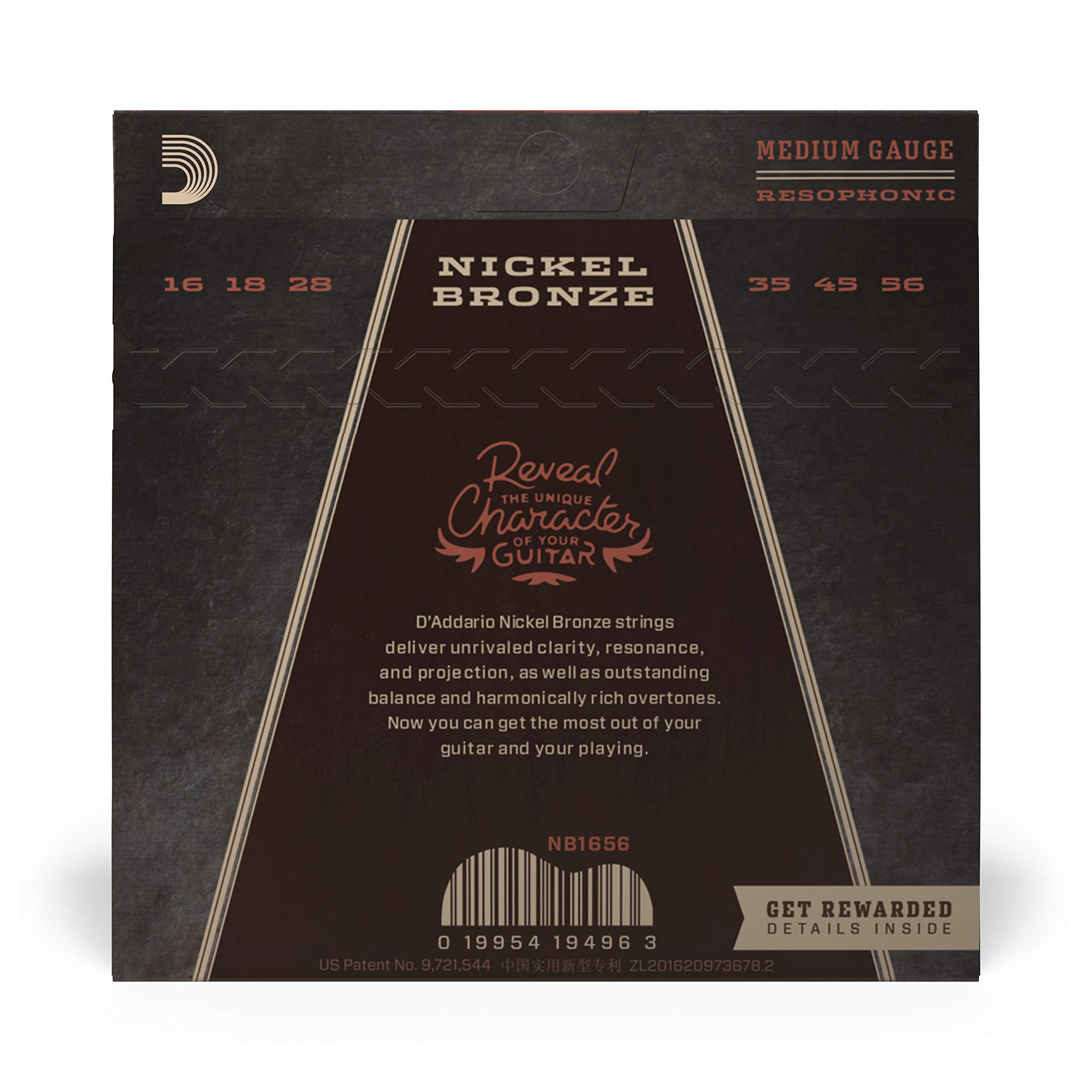 D'Addario NB1656 Nickel Bronze Acoustic Guitar Strings - Medium Gauge 16-56, 6-String Set (Pack of 1) for Resophonic & Steel Guitar - Perfect for Blues, Country & Fingerstyle Playing
