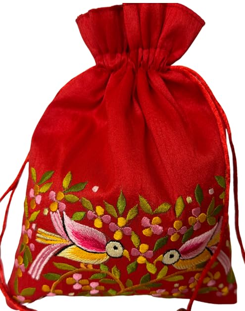 Lavanya Fashions Handmade Raw Silk Embroidered Polti Bag for Women - Elegant Red Clutch Purse for Weddings, Parties & Special Occasions