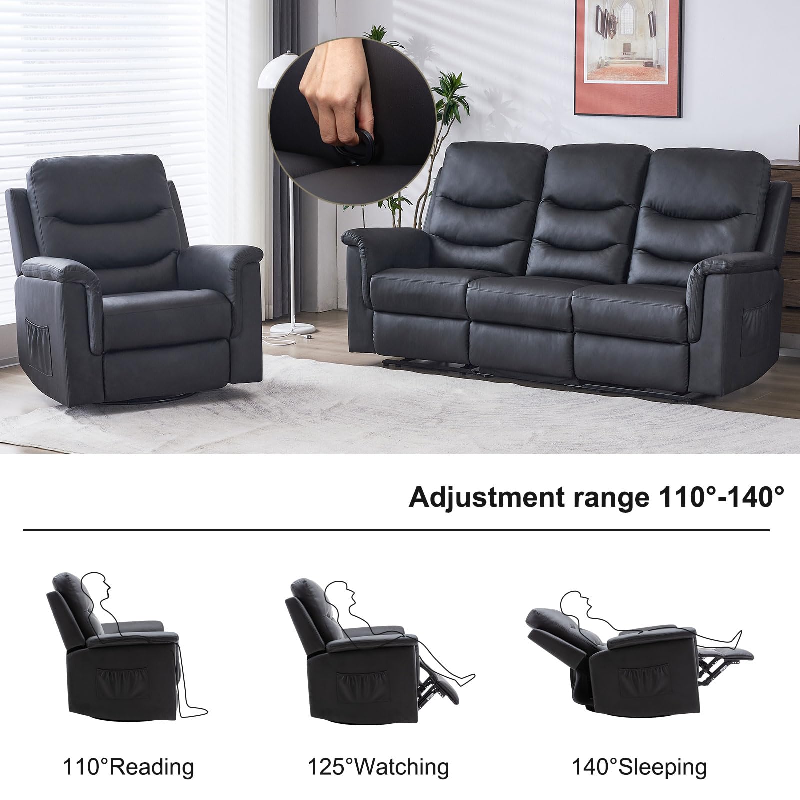 2-Piece Recliner Sofa Set with Swivel Rocker Chair - Manual Reclining Living Room Furniture for Home Theater, Family Room & Lounge Areas