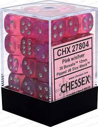 Chessex 36-Piece Pink with Silver Borealis 12mm Pipped D6 Dice Set - Perfect for Tabletop RPGs, Board Games, and Collectors