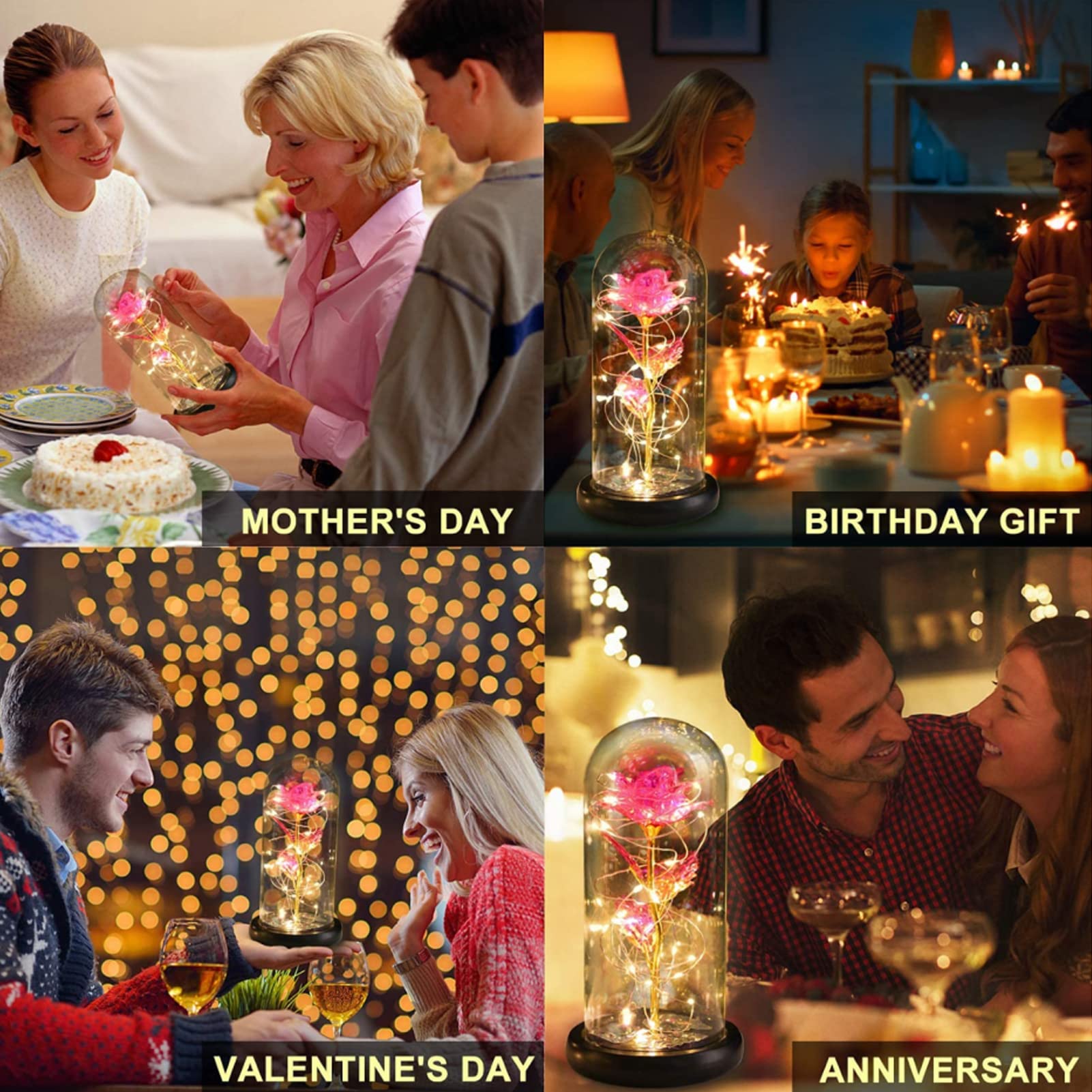 Eternal Rose Under Glass Dome - Valentine's Day Gift for Her, Galaxy Rose with LED Lights, Artificial Flower Gift for Women, Mom, Mother, Grandma - Perfect for Mother's Day, Wedding, Anniversary, Home Decor, Romantic Proposal, Bedroom Centerpiece