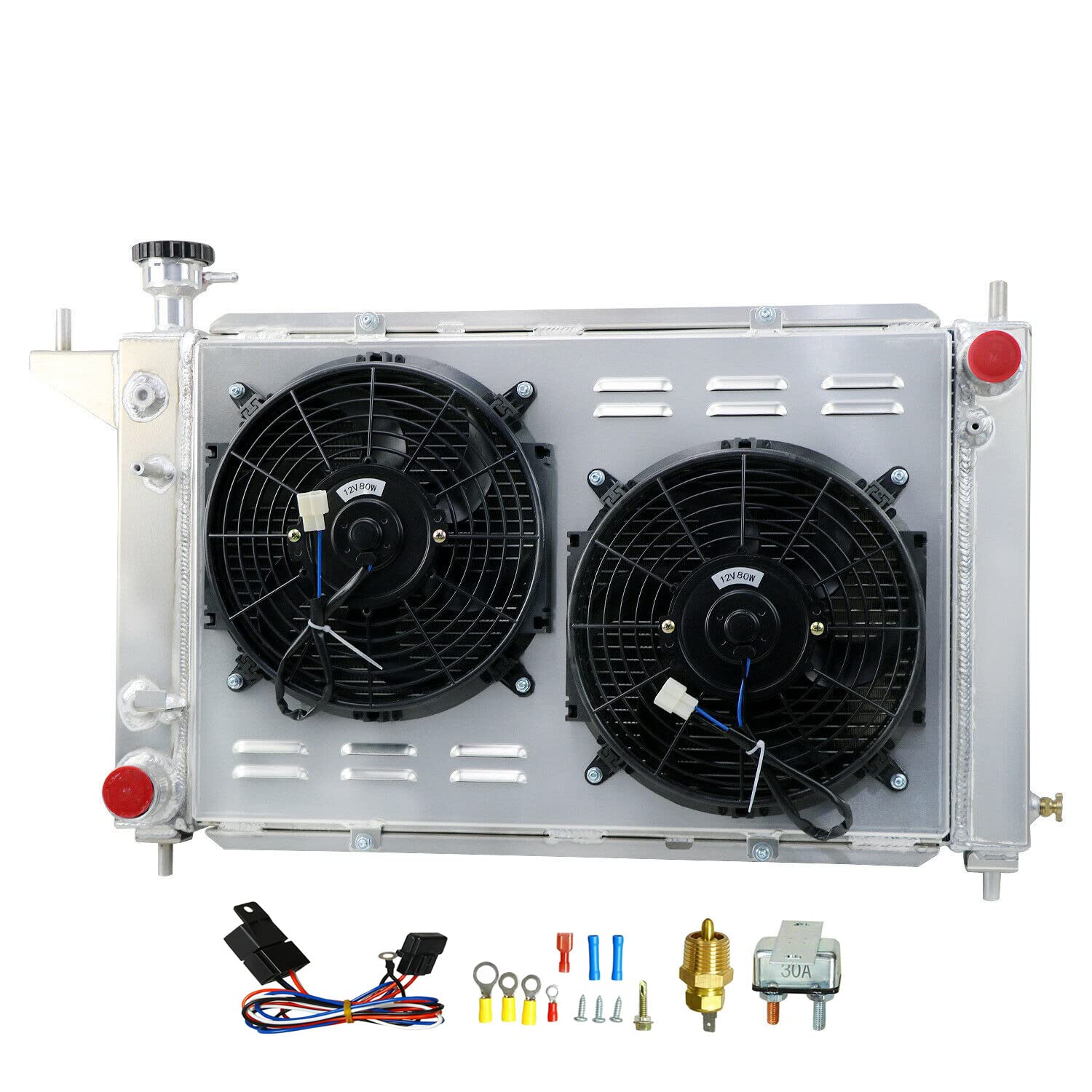 High-Performance All-Aluminum Radiator for 1994-1996 Ford GT SVT 3.8L V6 & 5.0L V8 - 3 Row Core Cooling System with Fan Shroud & Relay Kit (Part# CU1488) - Perfect for Racing, Off-Road & High-Temperature Driving Conditions