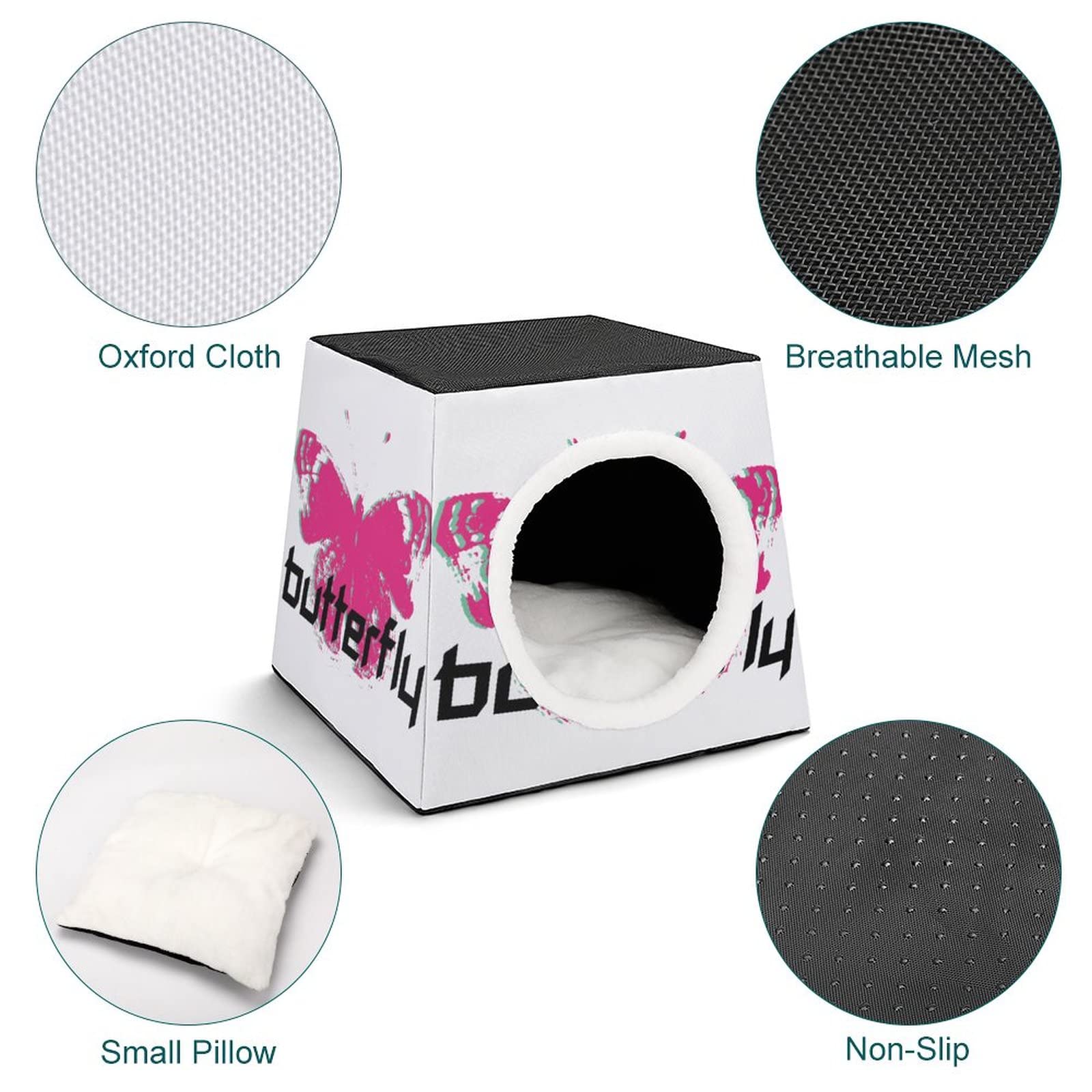 Printed Cat Houses & Condos - Foldable Cat Cube Bed with Removable Pillow - Butterfly Red Design for Indoor Cats - Perfect for Living Room, Bedroom or Office Pet Space