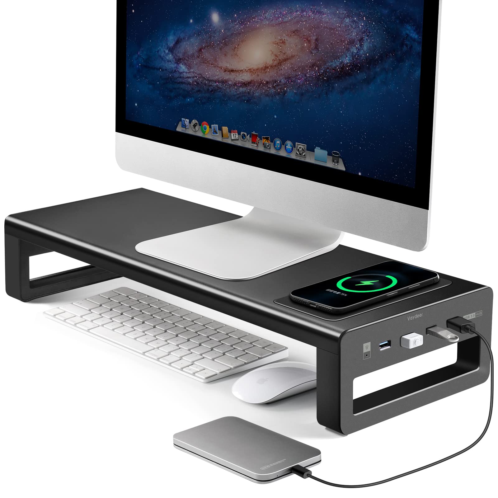 Vaydeer Wireless Charging & USB 3.0 Monitor Stand with Storage - Heavy Duty Desk Riser Organizer for Computer, iMac, Laptop, PC Screen - Perfect for Gaming Setup, Home Office & Studio Workspace