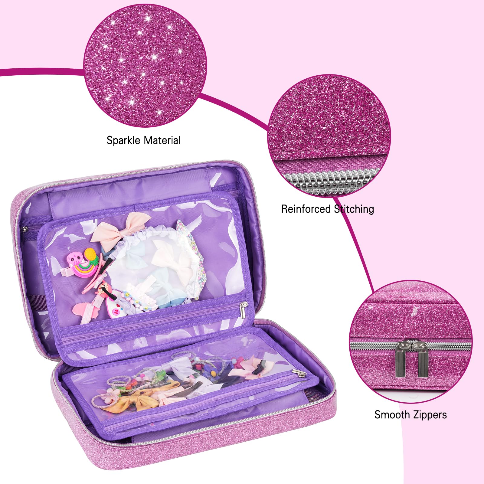 Shiny Bow Holder & Hair Accessories Organizer for Baby Girls - Travel Storage Bag for Hair Clips, Headbands, Scrunchies & Hair Ties (Purple) - Perfect for Home, Travel & School Organization