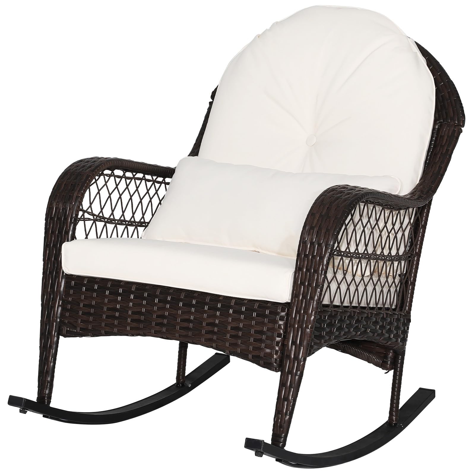 MEDIMALL Outdoor Wicker Rocking Chair with Lumbar Support - Patio Rattan Rocker with Padded Seat & Back Cushions - Durable Metal Frame - Mix Brown Wicker Furniture for Balcony, Porch, Deck, Backyard (Off White) - Perfect for Relaxing, Reading & Enjoying Outdoor Spaces