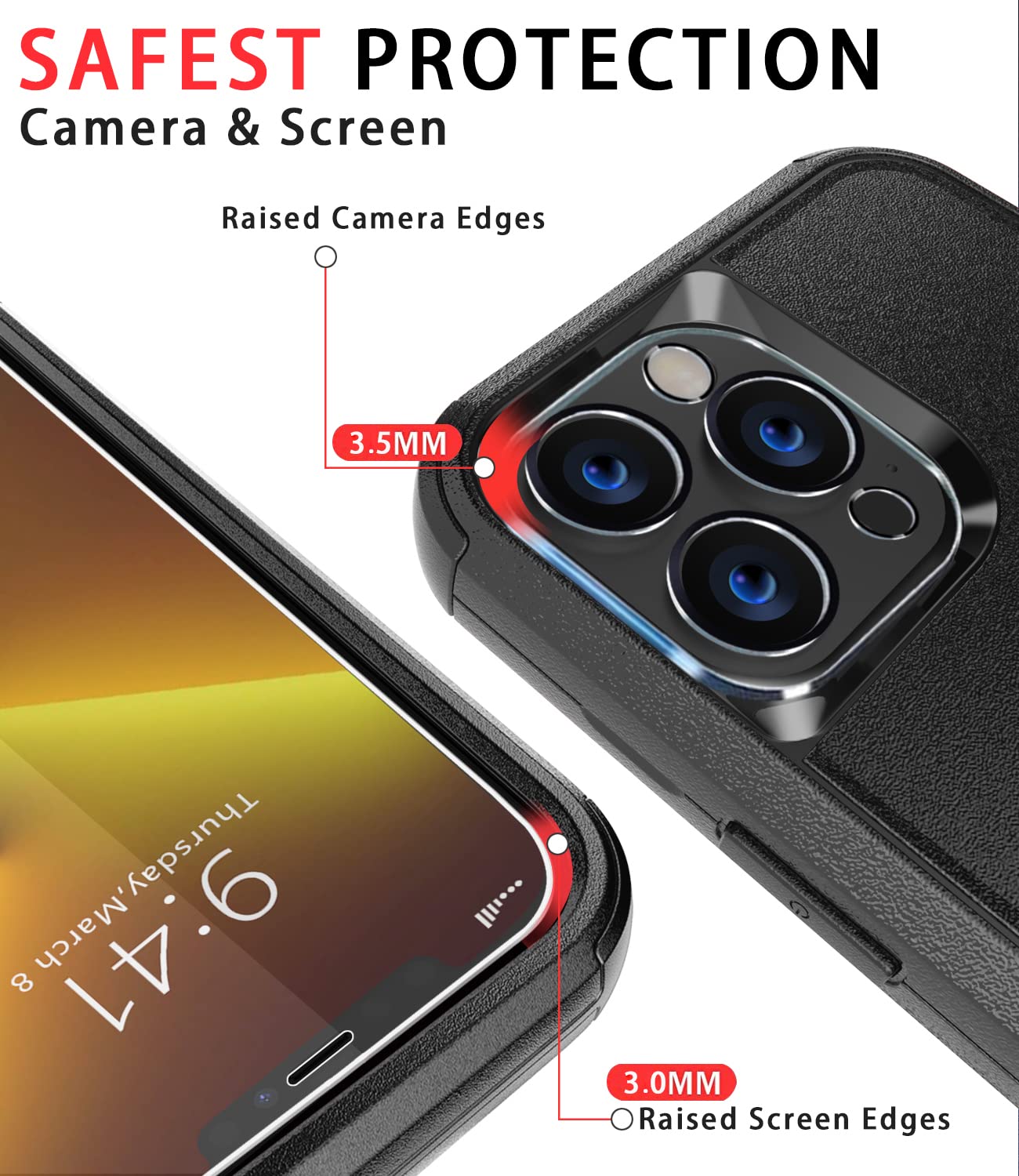 Shockproof Heavy Duty iPhone 13 Pro Max Case with Tempered Glass Screen Protector & Camera Lens Cover - Drop Proof Protection for Apple iPhone 13 Pro Max (Black) | Perfect for Outdoor Adventures, Construction Work & Active Lifestyles
